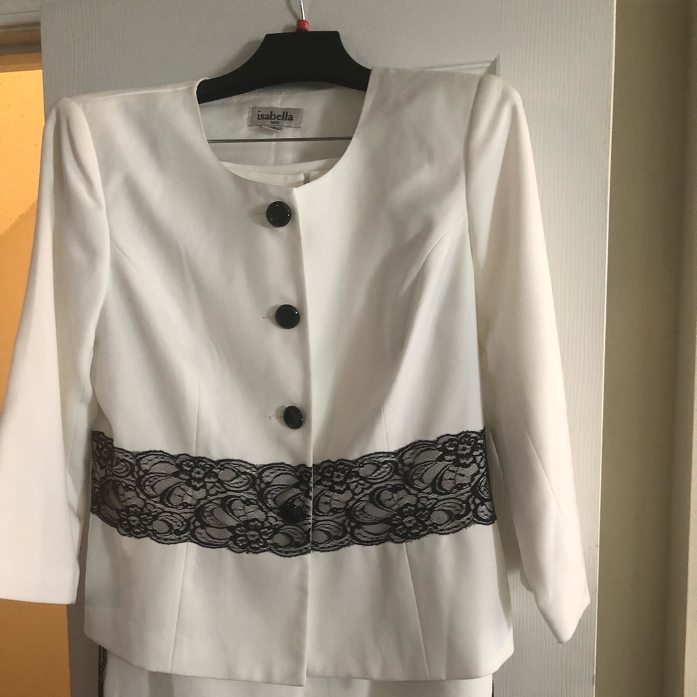 ISABELLA White Skirt Suit with Black Lace Trim